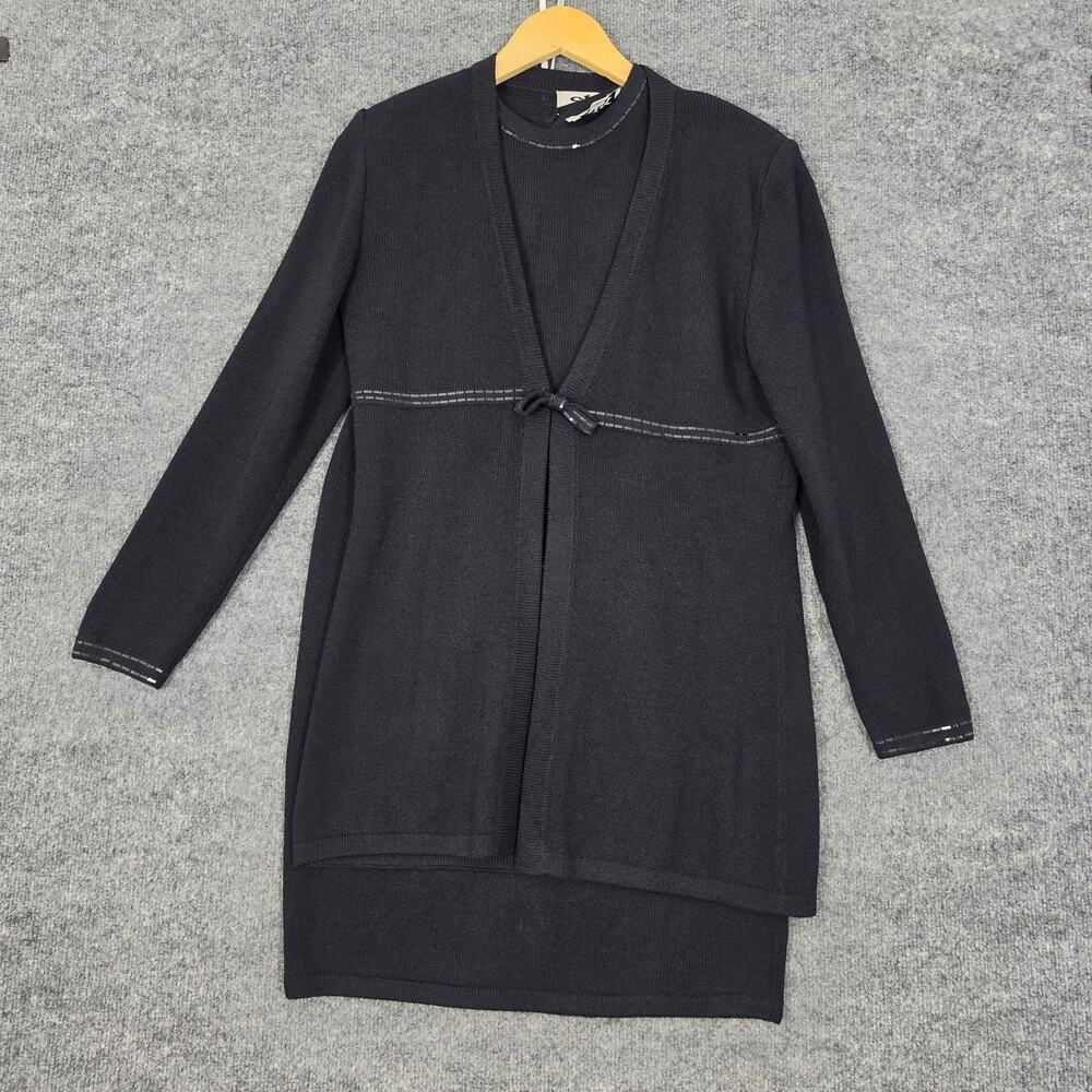 Vtg St John Set 4/6 Santana Knit Cardigan Tank Skirt Black Office Chic Luxury